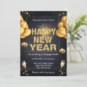 Schwarze und goldene Balkone New Years Party Einladung (Stehend Vorderseite)