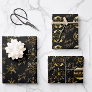 Schwarze und goldene Bauern und Schneeflocken Weih Geschenkpapier Set