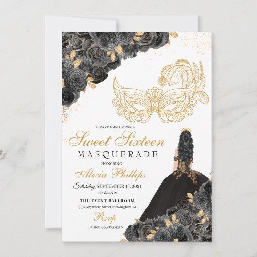 Schwarze und goldene Blumen Masquerade Sweet 16 Ei Einladung (Vorderseite)