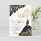 Schwarze und goldene Blumen Masquerade Sweet 16 Ei Einladung (Stehend Vorderseite)