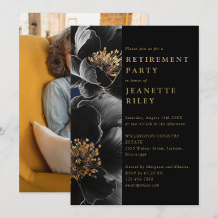 Schwarze und goldene Blumen-Ruhestandsfeier Foto Einladung
