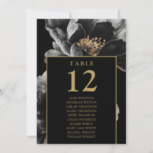 Schwarze und goldene Blumige Tischnummer-Sitzordnu Einladung