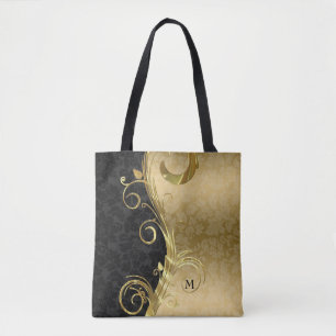 Schwarze und goldene Blütenmatte und Goldrausch Tasche
