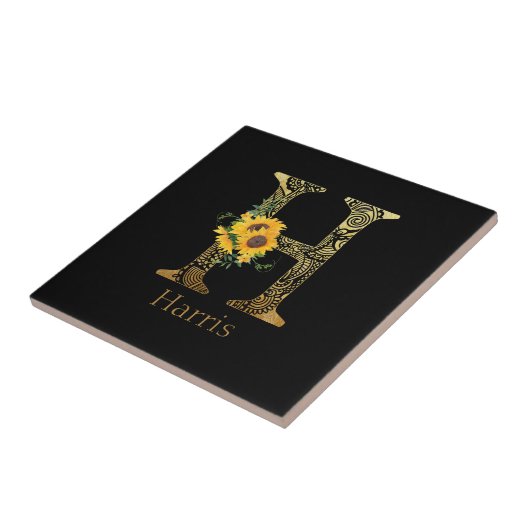 Schwarze und goldene Buchstaben H Sonnenblumen Fliese (Seite)