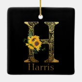 Schwarze und goldene Buchstaben H Sonnenblumen Keramikornament (Rückseite)