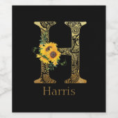 Schwarze und goldene Buchstaben H Sonnenblumen Weinetikett (Einzelnes Label)