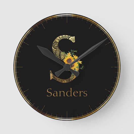 Schwarze und goldene Buchstaben S Sonnenblumen Runde Wanduhr (Vorderseite)