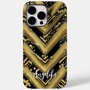 Schwarze und goldene Chevron-Personalisierung Name Case-Mate iPhone 14 Pro Max Hülle