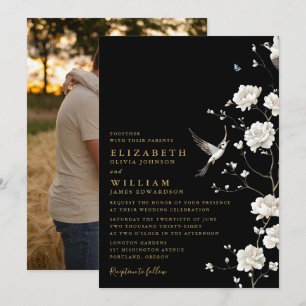 Schwarze und goldene Chinoiserie-Blumen-Hochzeitsf Einladung
