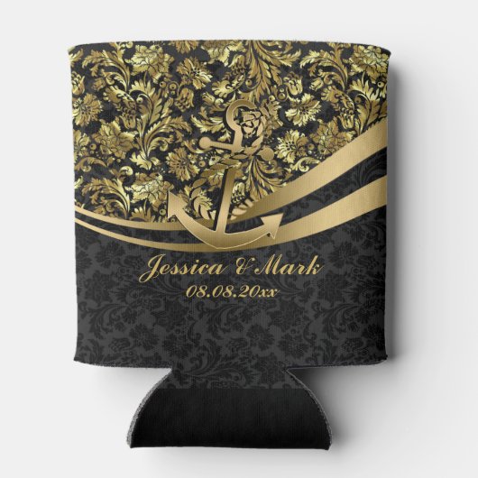 Schwarze und goldene Damasken mit Nautical Anker Dosenkühler (Rückseite)