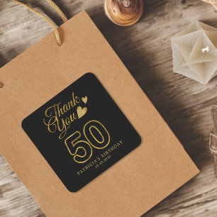 Schwarze und goldene Danksagung zur 50. Geburtstag Quadratischer Aufkleber
