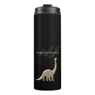 Schwarze und goldene Dinosaurier-Silhouette Monogr Thermosbecher