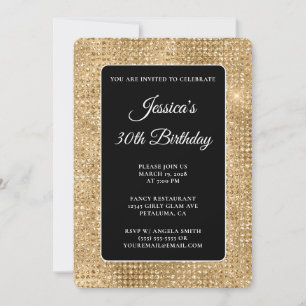Schwarze und goldene Disco-Glitter 30. Geburtstags Einladung