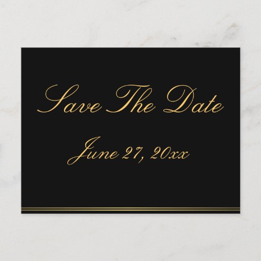 Schwarze und goldene, elegante Save the Date Postk Ankündigungspostkarte (Vorderseite)