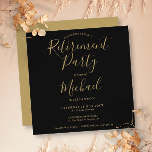 Schwarze und goldene elegante Schrift Ruhestandsfe Einladung