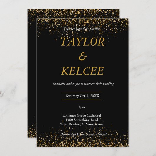 Schwarze und goldene, elegante, Zauberhafte Hochze Einladung (Vorne/Hinten)
