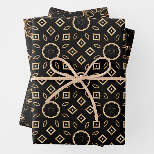Schwarze und goldene Filigree Ornamente Mosaikmust Geschenkpapier Set (Beispiel)