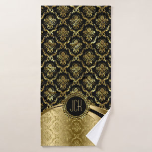 Schwarze und goldene Floral Damaskus Badhandtuch Set