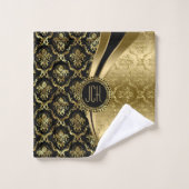 Schwarze und goldene Floral Damaskus Badhandtuch Set (Waschlappen)