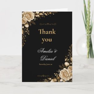 Schwarze und goldene florale Hochzeits-Dankeskarte Dankeskarte