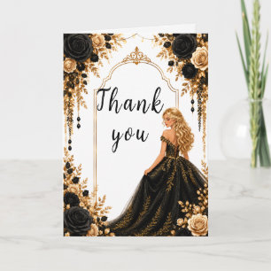 Schwarze und goldene florale Sweet-Sixteen-Party Dankeskarte