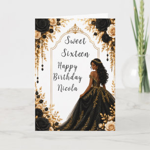 Schwarze und goldene florale Sweet Sixteen-Party Karte
