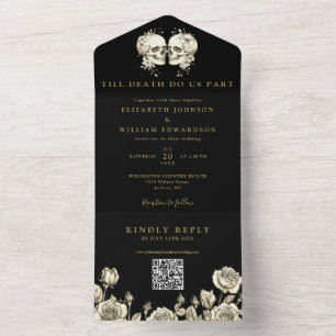 Schwarze und goldene florale Totenkopf-QR-Code-Got All In One Einladung