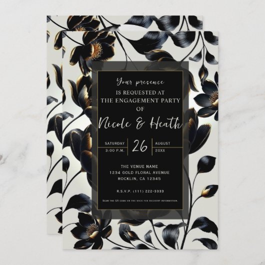 Schwarze und goldene florale Verlobung Einladung (Vorne/Hinten)