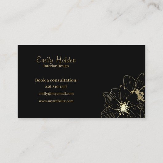 Schwarze und goldene florale Visitenkarte (Rückseite)