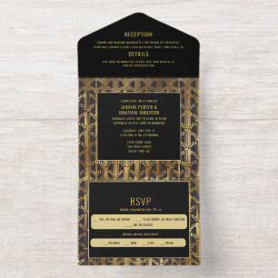 Schwarze und goldene Folien-Hochzeit im Gatsby-Sti All-in-One-Einladung