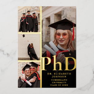 Schwarze und goldene Foto-Collage PhD-Abschlussfei Folieneinladung