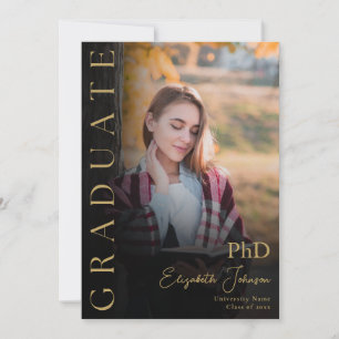 Schwarze und goldene Foto-PhD-Abschlussankündigung Einladung