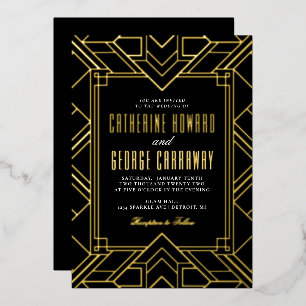 Schwarze und goldene geometrische Gatsby-Hochzeit Folieneinladung