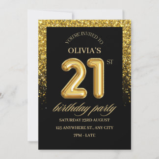 Schwarze und goldene Glitter 21. Geburtstagsfeier Einladung