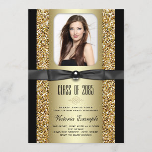 Schwarze und goldene Glitter-Abschlussanzeigen Einladung
