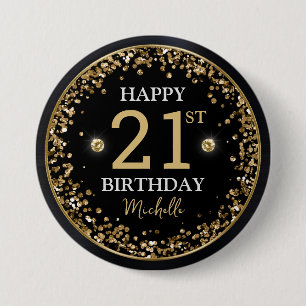 Schwarze und goldene Glitter-Konfetti-Geburtstagsd Button
