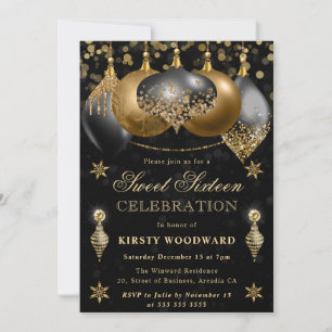 Schwarze und goldene Glitter-Kugeln Weihnachten Sw Einladung