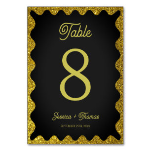 Schwarze und goldene Glitter-Wellen-Retro-Hochzeit Tischnummer