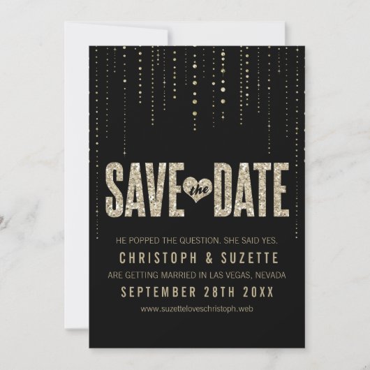 Schwarze und goldene Glitzer sehen Daten speichern Save The Date (Vorderseite)