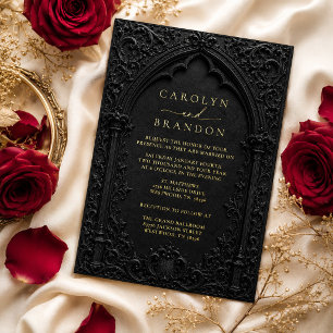 Schwarze und goldene gotische Bogen-Hochzeitseinla Folieneinladung