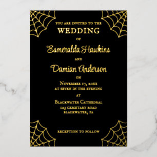 Schwarze und goldene gotische Hochzeit mit Spinnen Folieneinladung