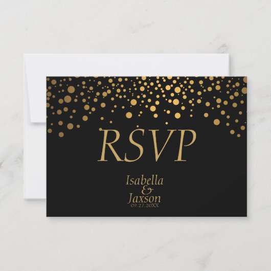 Schwarze und goldene Imitate Foil Confetti Dots RSVP Karte (Vorderseite)