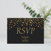 Schwarze und goldene Imitate Foil Confetti Dots RSVP Karte (Stehend Vorderseite)