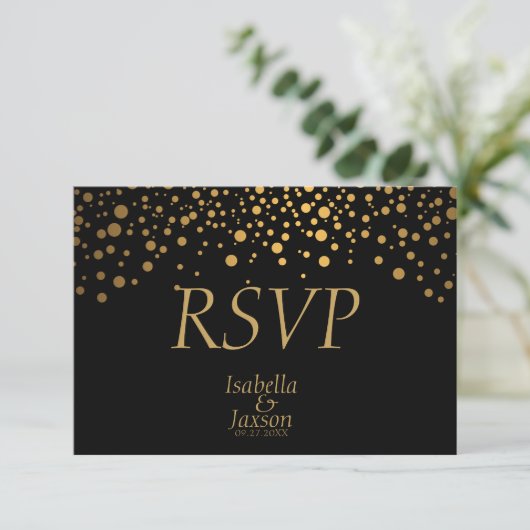 Schwarze und goldene Imitate Foil Confetti Dots RSVP Karte (Stehend Vorderseite)