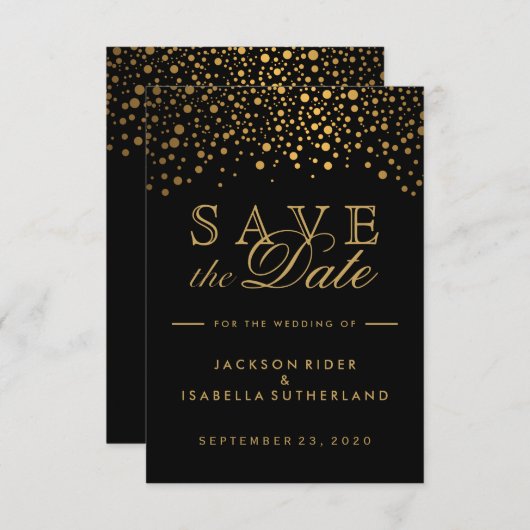 Schwarze und goldene Imitate Foil Confetti Dots Save The Date (Vorne/Hinten)