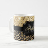 Schwarze und goldene Imitate Glitzer Glam Leopard Kaffeetasse (Vorderseite Links)