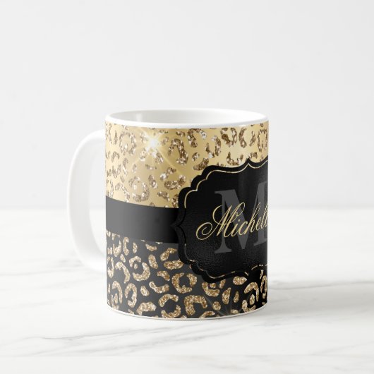 Schwarze und goldene Imitate Glitzer Glam Leopard  Kaffeetasse (Vorderseite Links)