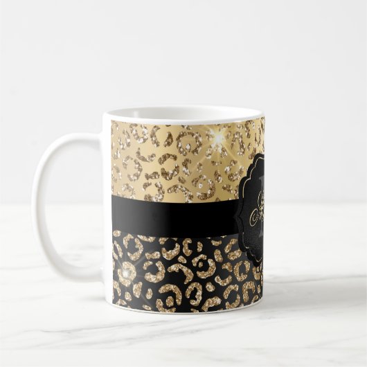 Schwarze und goldene Imitate Glitzer Glam Leopard Kaffeetasse (Links)