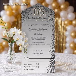 Schwarze und goldene Kalligrafie Zahl Sweet 16 All In One Einladung