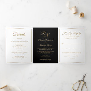 Schwarze und goldene klassisch elegante Hochzeit Dreifach Gefaltete Einladung